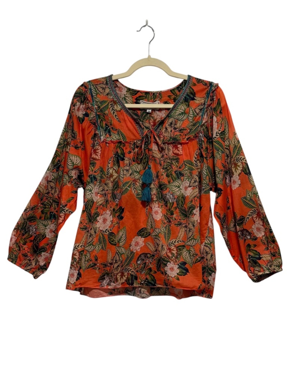 Johnny Was Floral Embroidered Long Sleeve Peasant Blouse Top Tassels Size Small